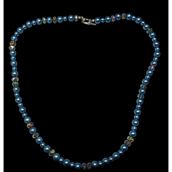 Handmade Mermaidcore Metallic Blue Faux Pearl And AB Glass Beaded Necklace - Picture 1 of 6